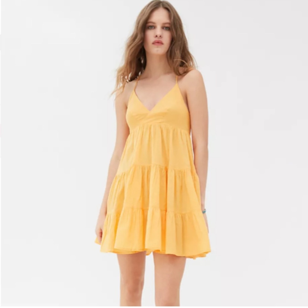 Urban Outfitters UO Yellow Cotton fieldstone tiered mini dress V Neck size S - Picture 8 of 16